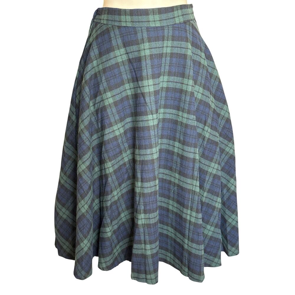 Tulip B Unique Vintage Navy and Green Plaid Swing Midi Skirt S NWT